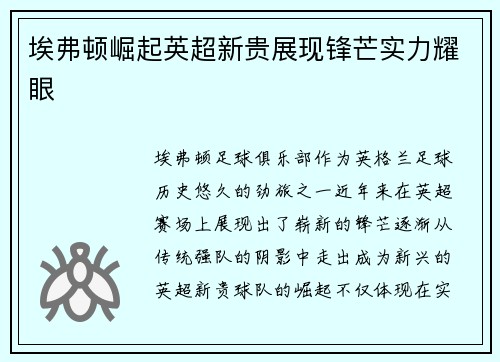 埃弗顿崛起英超新贵展现锋芒实力耀眼 埃弗顿崛起英超新贵展现锋芒实力耀眼